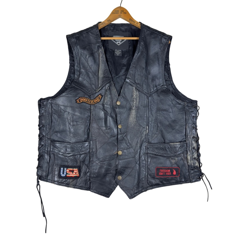 Diamond Plate Buffalo Leather Motorcycle Vest Men's 3XL Biker USA‎ Eagle Patches